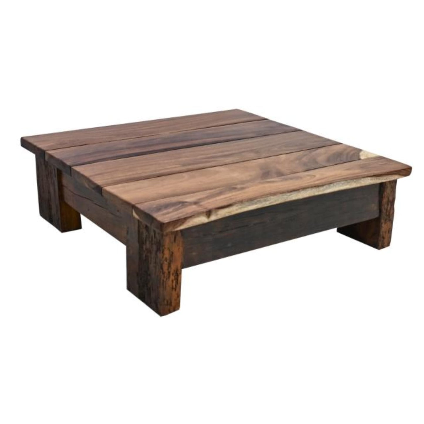 Wooden coffee table with a rustic finish on a white background