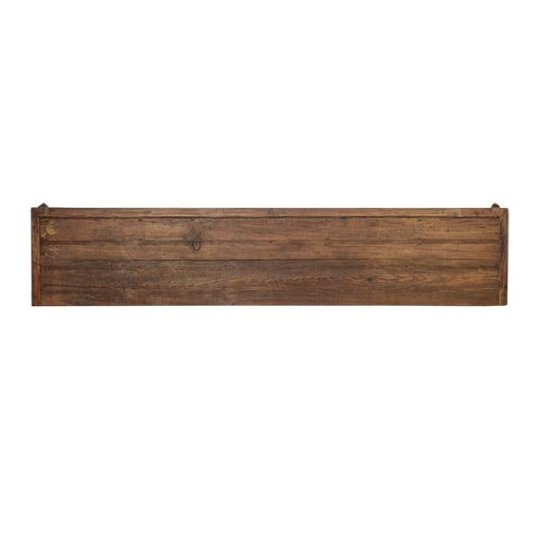 A rustic rectangular wooden wall shelf made of horizontal planks in a medium-to-dark brown finish, shown against a plain white background.