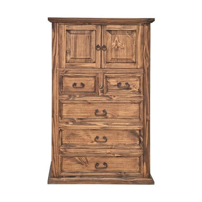 A rustic brown wooden chest of drawers with two cabinet doors on top, four drawers below, and dark metal handles, shown against a plain white background.