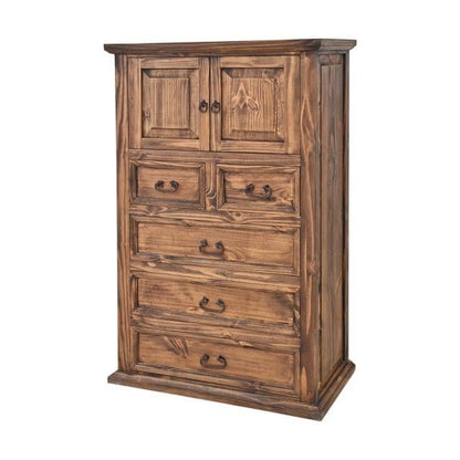 A rustic brown wooden chest of drawers with two upper cabinet doors and five drawers below, featuring dark metal pulls, shown on a plain white background.