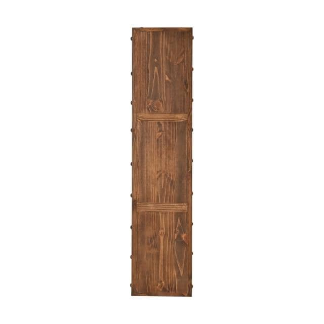 A tall, narrow rustic wooden wall panel with a dark brown wood grain finish and decorative metal studs along the sides, shown against a plain white background.