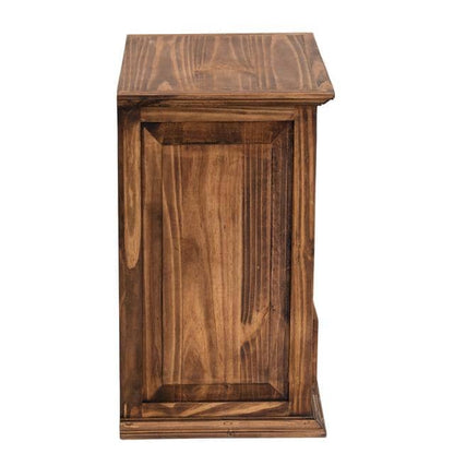 A rustic brown wooden cabinet or side table with a paneled front door and a flat top, shown against a plain white background.