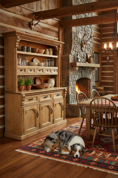 A rustic pine hutch cabinet with a warm yellow-tan finish, featuring three open shelves, five small drawer fronts with dark metal pulls, and three lower cabinet doors with carved panel details and black handles.