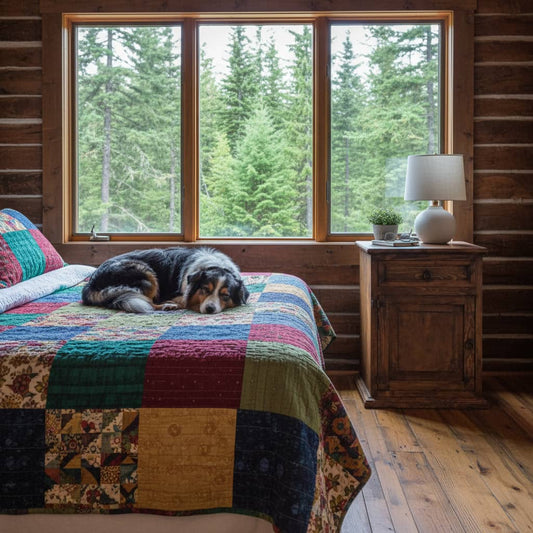Medio Nightstand Left next to a cozy bed with a colorful quilt and a sleeping dog.