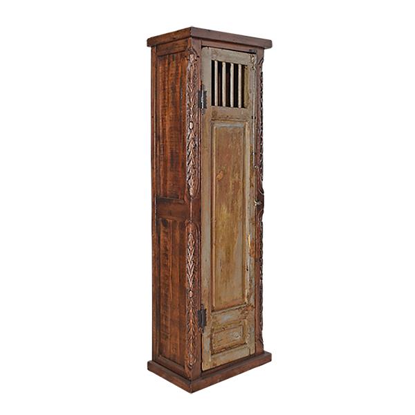 A tall, narrow rustic wooden cabinet with carved details and a distressed finish, shown against a plain white background.