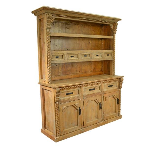 A rustic light oak wooden hutch and sideboard cabinet with carved details, rope-textured trim, open shelves, and three lower cabinet doors, shown on a plain white background.