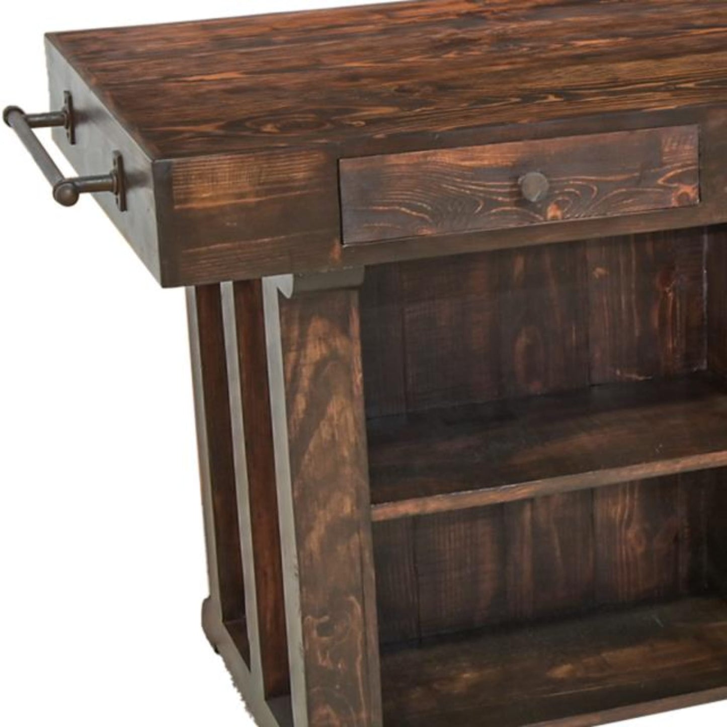 Wooden workbench with a rustic finish on a white background