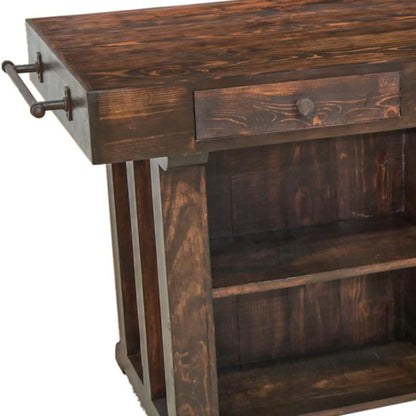 Wooden workbench with a rustic finish on a white background