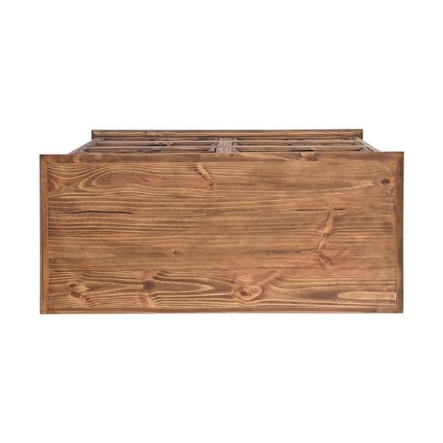 A rustic brown wooden storage chest with a slatted top, shown from a front angle on a solid white background.