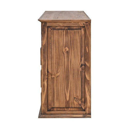 A rustic wooden cabinet with a single paneled door and visible natural wood grain, photographed against a plain white background.