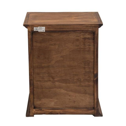 A rustic wooden side table or cabinet with a dark brown finish, shown from the back against a plain white background.
