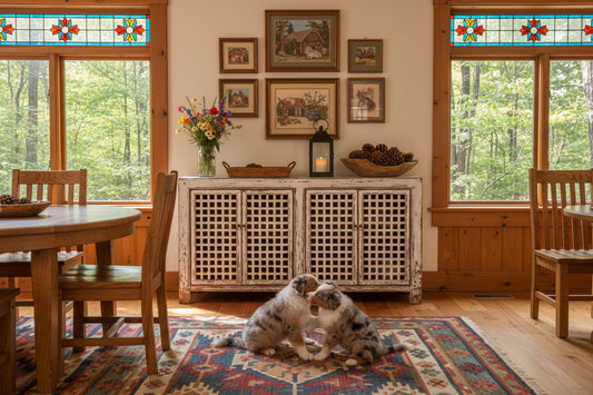 Vintage-style sideboard with lattice design doors against a white wooden panel background
