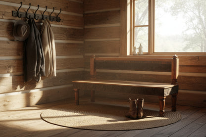 A rustic wooden bench with carved dark brown panels on the backrest and front apron, supported by four turned legs, set against a white wall and woven jute rug.