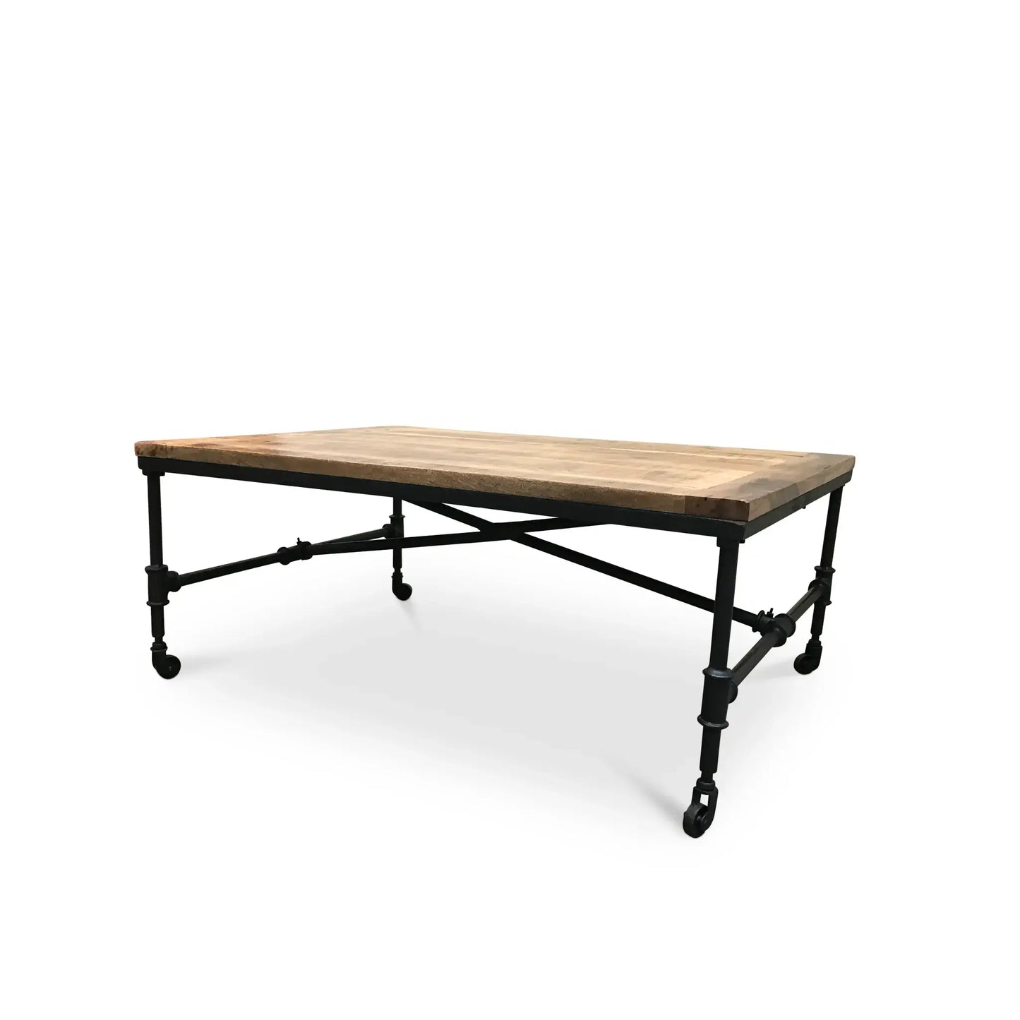 Hand-crafted mango wood coffee table showing reclaimed wood planks and salvaged factory iron frame