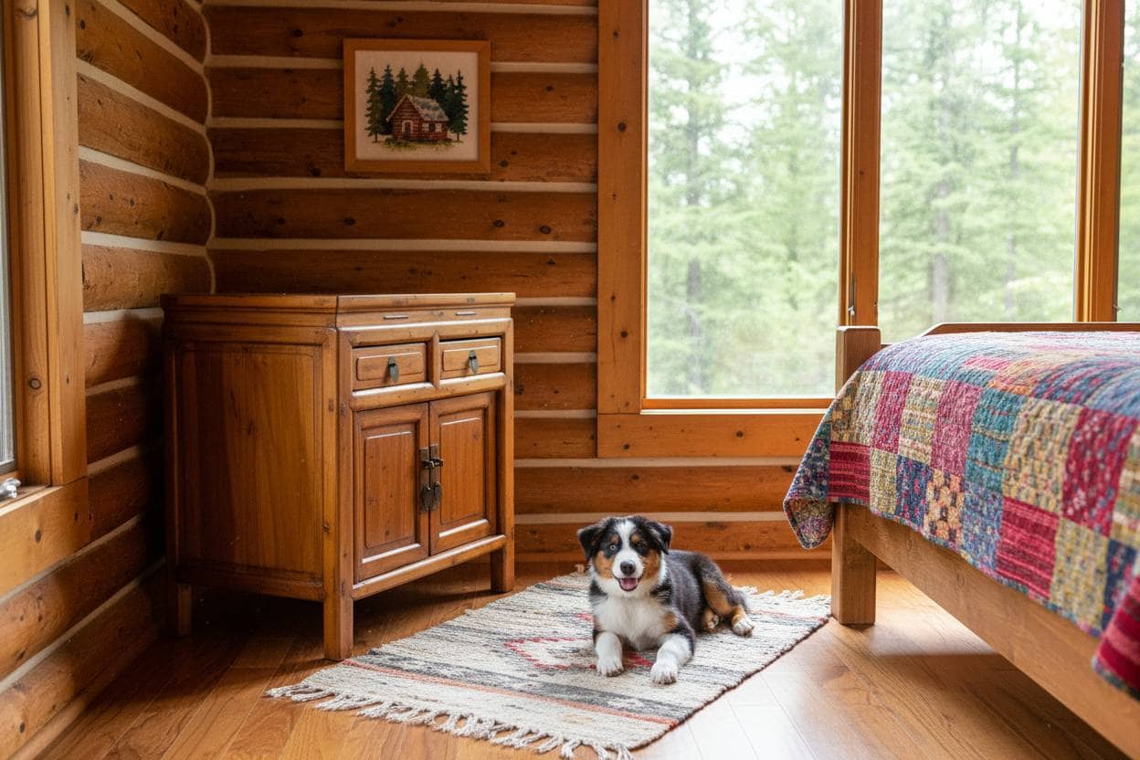 Wooden sideboard with two doors and two drawers on a textured floor.
