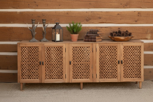 88 Long Old Teak Floral Jali Sideboard with carved doors, decorative vases, and traditional Indian sculpture.