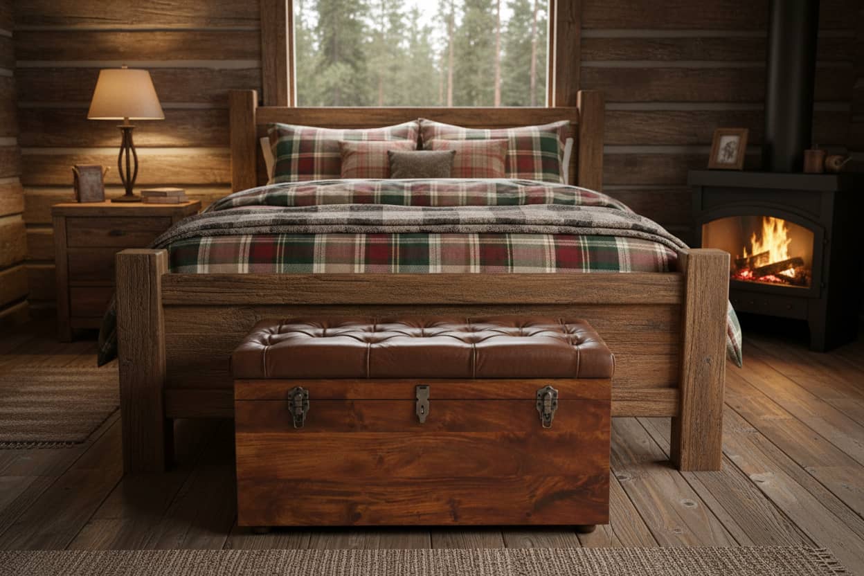Buffalo Hide Chestnut Storage Trunk featured in rustic bedroom with wooden bed and plaid bedding.