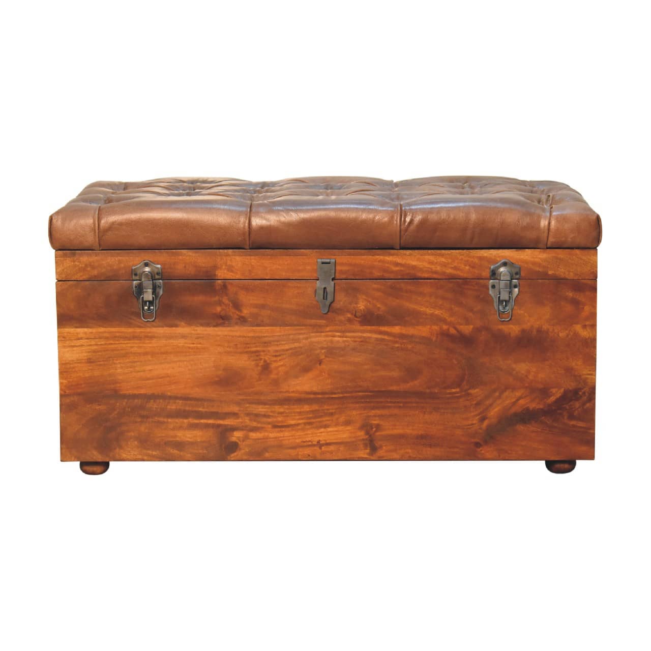 Buffalo Hide Chestnut Storage Trunk with button tufting and wooden base for elegant storage.