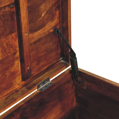 Interior view of the Buffalo Hide Chestnut Storage Trunk showing the locking mechanism and rich wood finish.