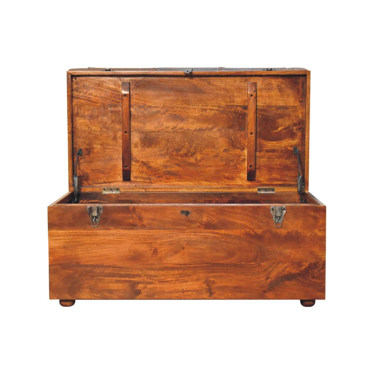 Buffalo Hide Chestnut Storage Trunk with an open lid, showcasing its spacious interior and solid mango wood craftsmanship.