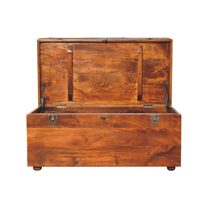 Buffalo Hide Chestnut Storage Trunk with an open lid, showcasing its spacious interior and solid mango wood craftsmanship.