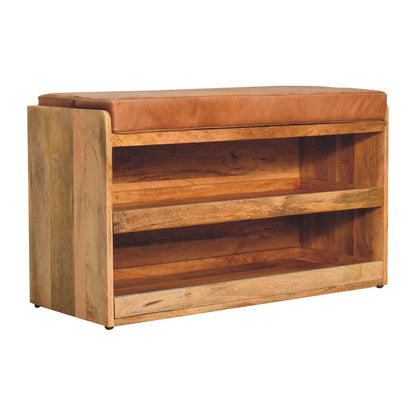 Wooden shelf with a cushioned top on a white background