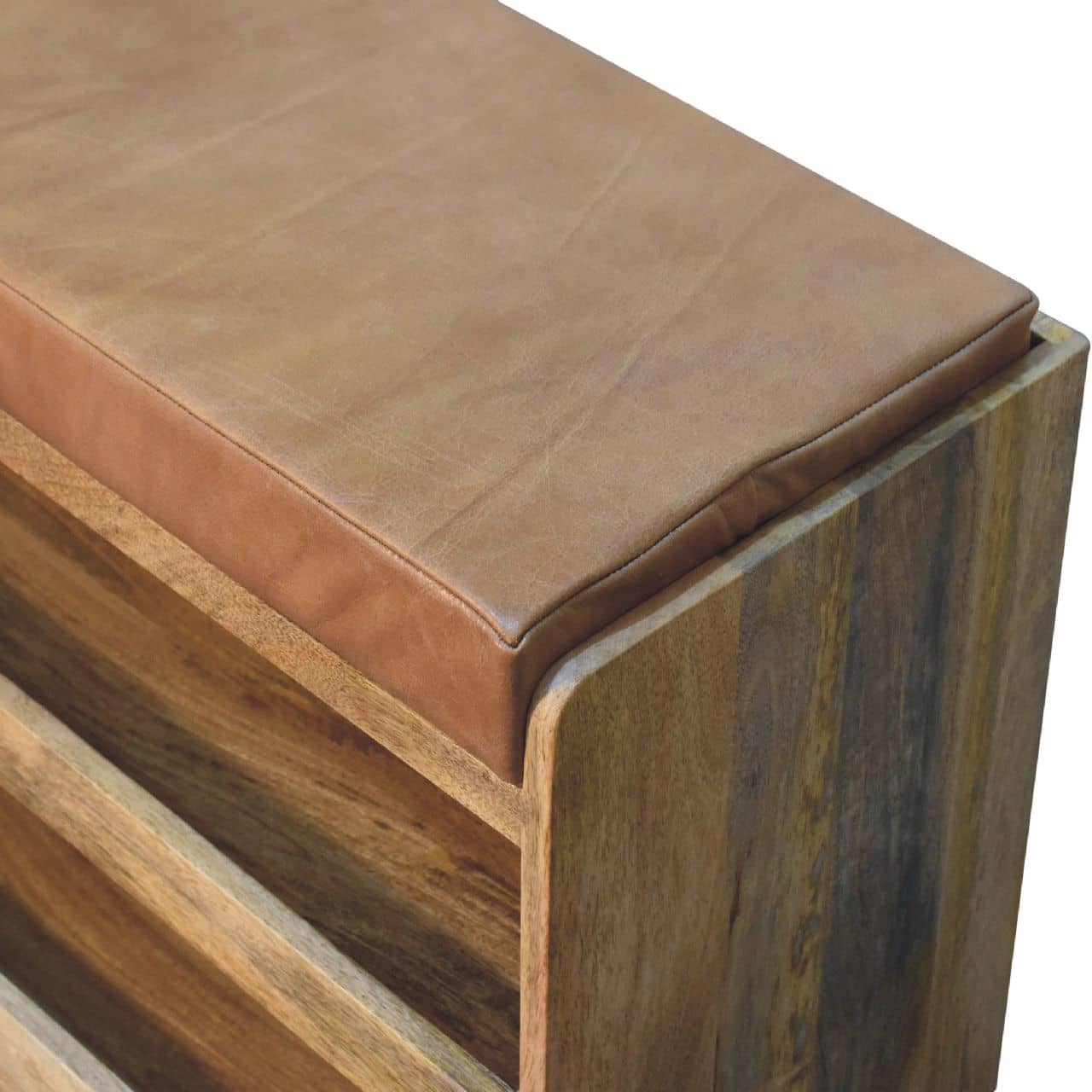 Wooden bench with brown leather cushion on a white background