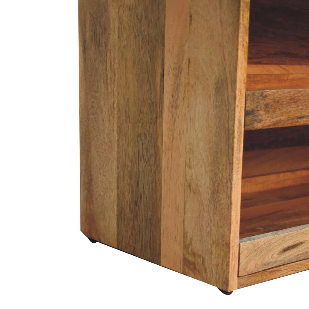 Close-up of a wooden shelf with a white background