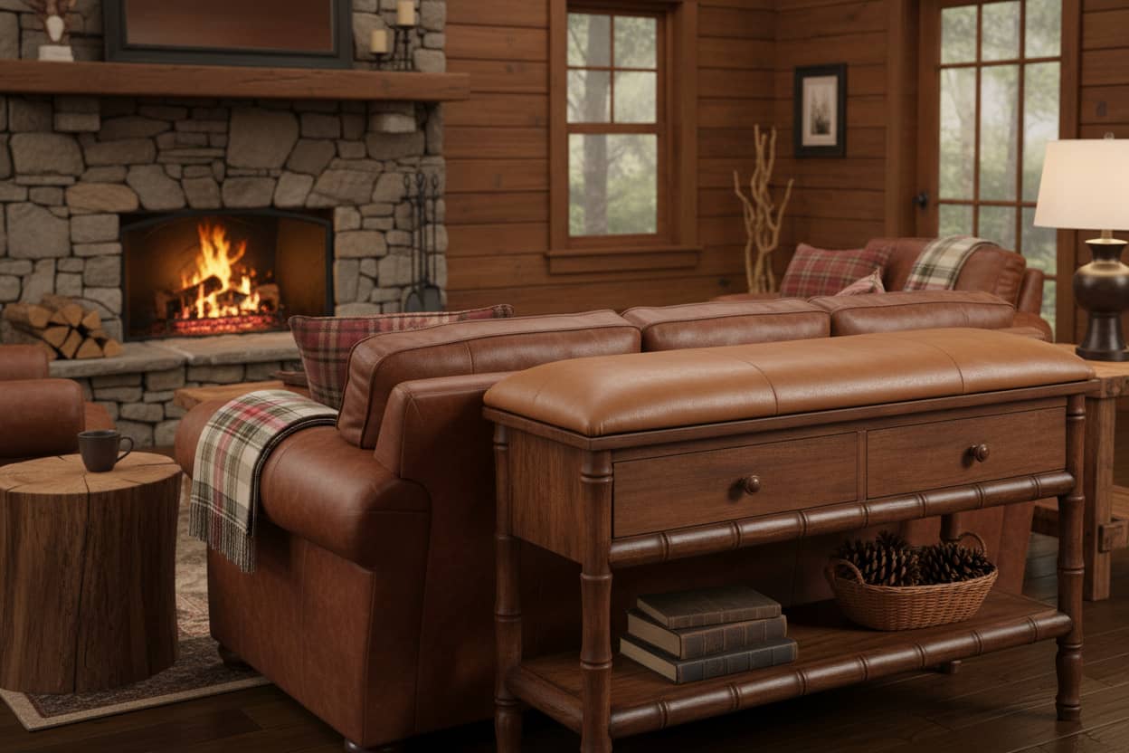 Bamboo carved storage bench in a cozy living room setting with a fireplace and warm wooden decor.