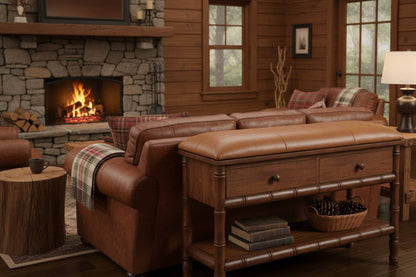 Bamboo carved storage bench in a cozy living room setting with a fireplace and warm wooden decor.