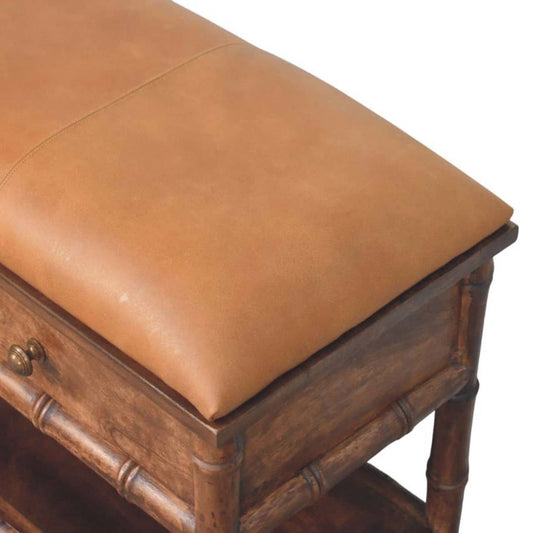 Brown leather bench with wooden frame on a white background
