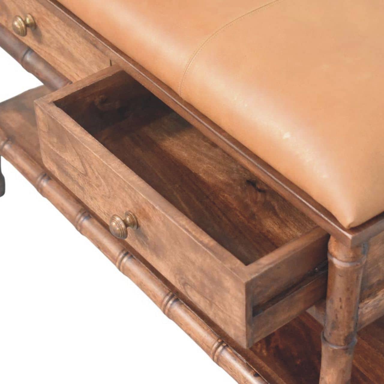 Bamboo carved storage bench with cushioned leather top and open drawer showing interior storage space.