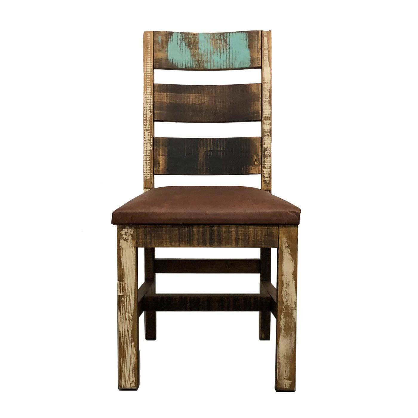 A rustic wooden ladder-back dining chair with a distressed finish, featuring a brown upholstered seat cushion and a backrest with patches of turquoise and dark brown wood.