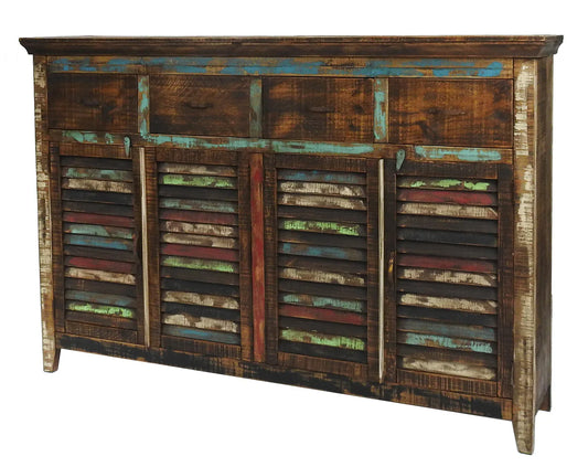 Reclaimed wood sideboard with multicolored shutters on a white background