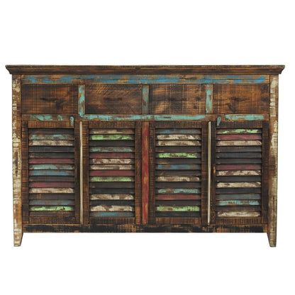 Rustic wooden sideboard with a distressed finish on a white background