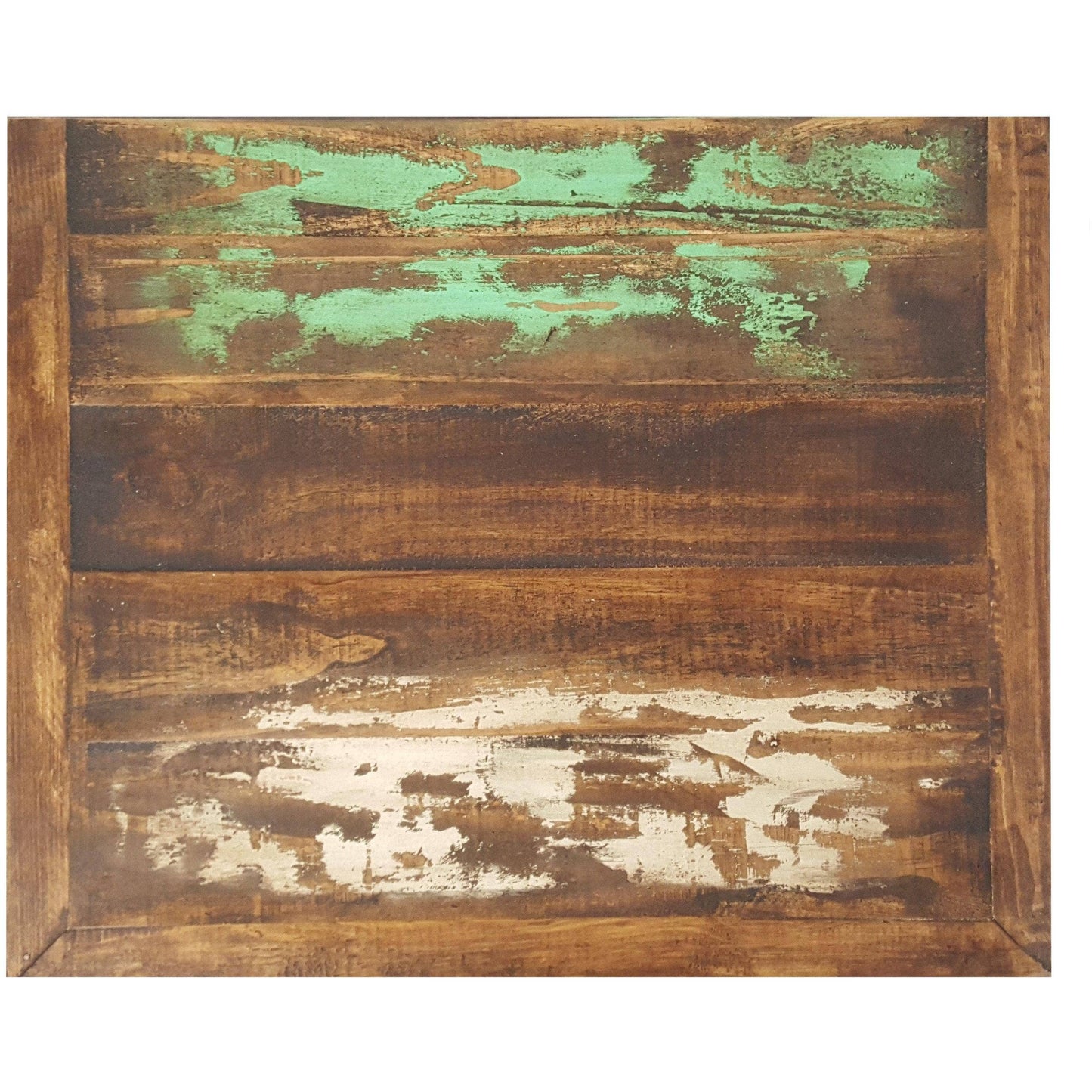 Rustic wooden surface with green and white paint peeling off