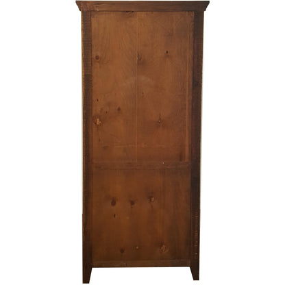 A rustic wooden cabinet or armoire with a warm medium-brown finish, featuring a double door design and visible wood grain knots, isolated on a white background.