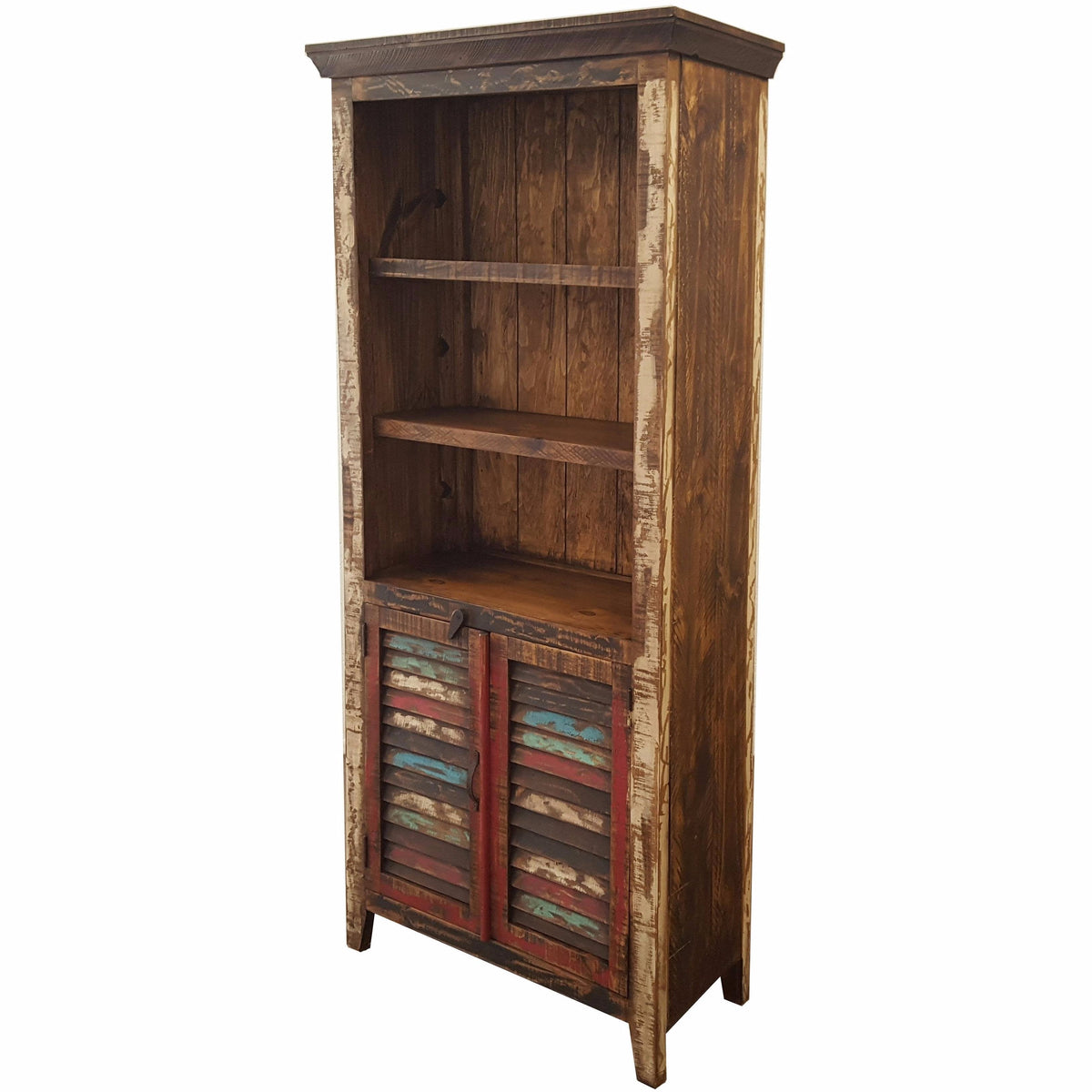 A rustic tall wooden bookcase with three open shelves and two lower doors featuring distressed multicolor paneling in red, blue, and beige, shown on a plain white background.