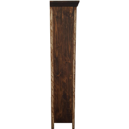 A tall, narrow rustic wooden cabinet or bookcase with a dark brown stained front and lighter natural wood side panels, shown against a plain white background.