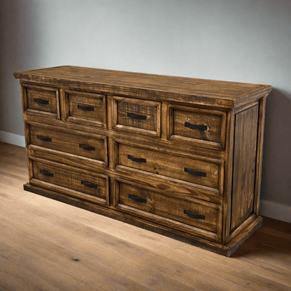 Wooden dresser with multiple drawers on a wooden floor against a plain wall.