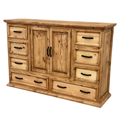 Wooden dresser with multiple drawers and doors on a white background