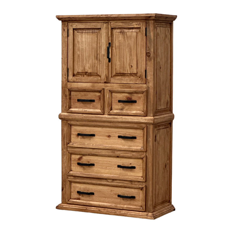 A rustic wooden storage cabinet with two upper doors, two middle drawers, and four lower drawers, shown on a plain white background.