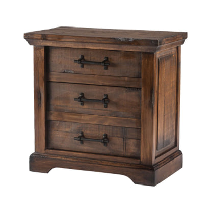 Wooden nightstand with three drawers on a white background