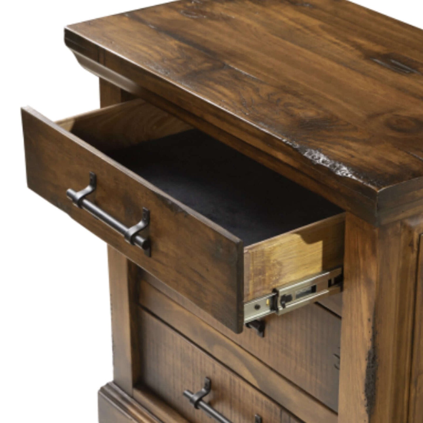 Wooden dresser with open drawer on a white background
