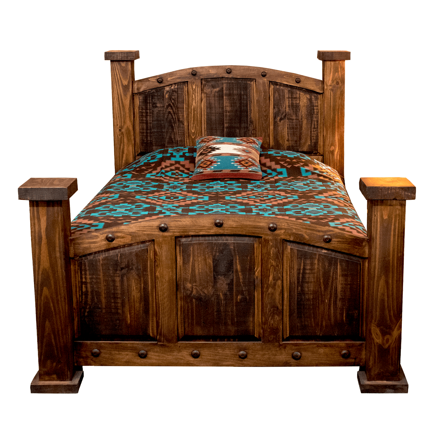 A rustic dark brown wooden bed frame with a matching headboard and footboard, styled with a turquoise and brown patterned comforter and a decorative accent pillow, isolated on a white background.