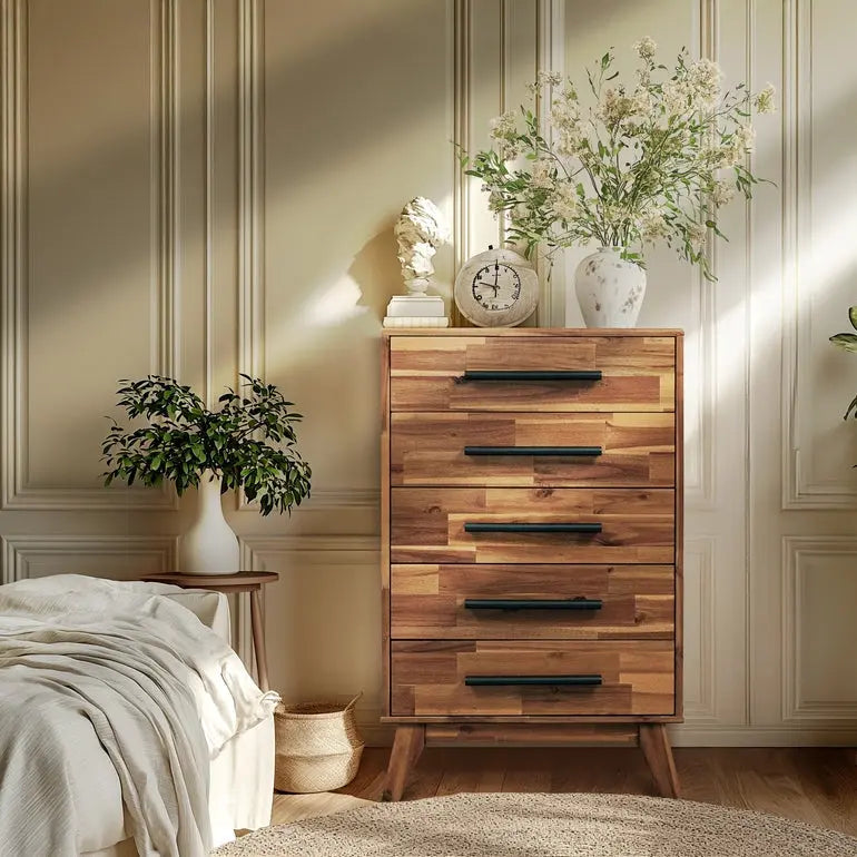 Solid Acacia Wood 5-Drawer Dresser for Timeless Elegance Megsu