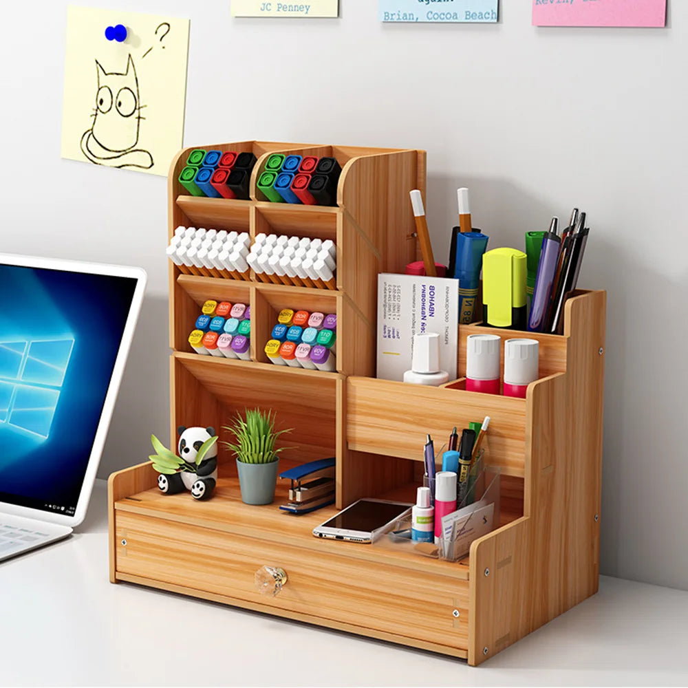 Wooden Pen Holder & Desk Organizer Box | Cozy Complete Homes