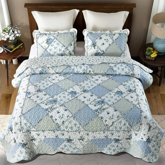 King Size Blue Floral Plaid Patchwork Quilt Set | Cozy Complete Homes