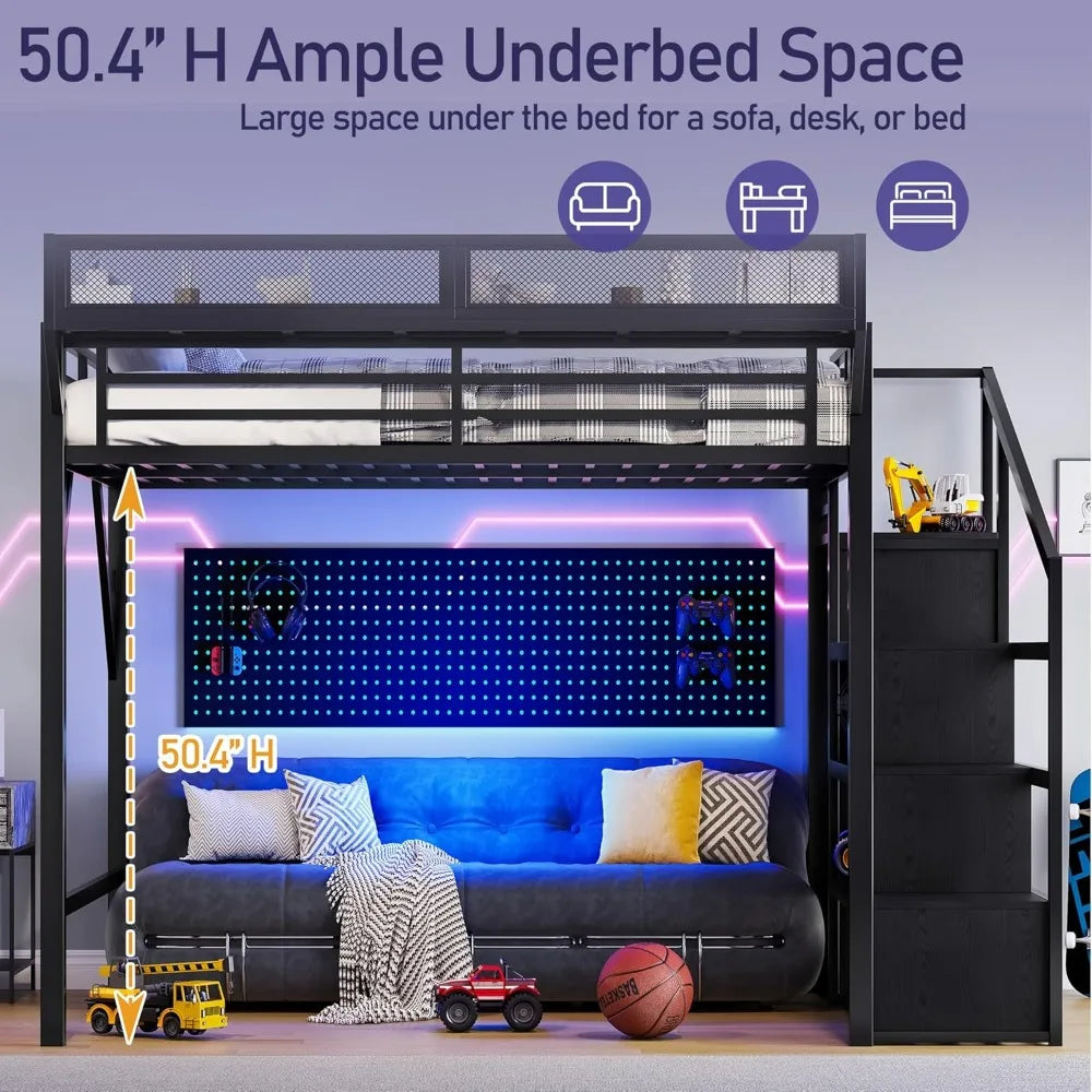 Metal Queen Size Loft Bed Frame with Storage Stairs | Cozy Complete Homes