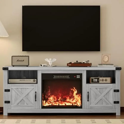 65 Inch Fireplace TV Stand with Barn Doors and Open Display Shelf | Cozy Complete Homes